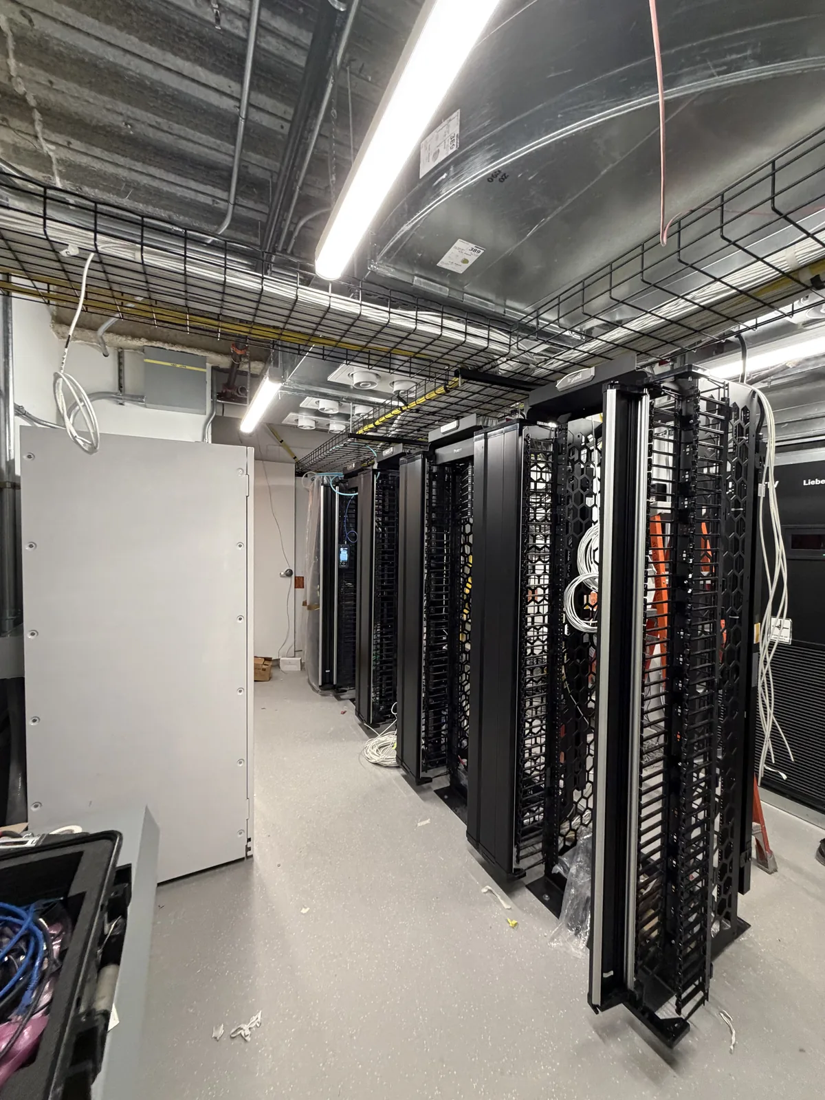 Row of loaded network racks
