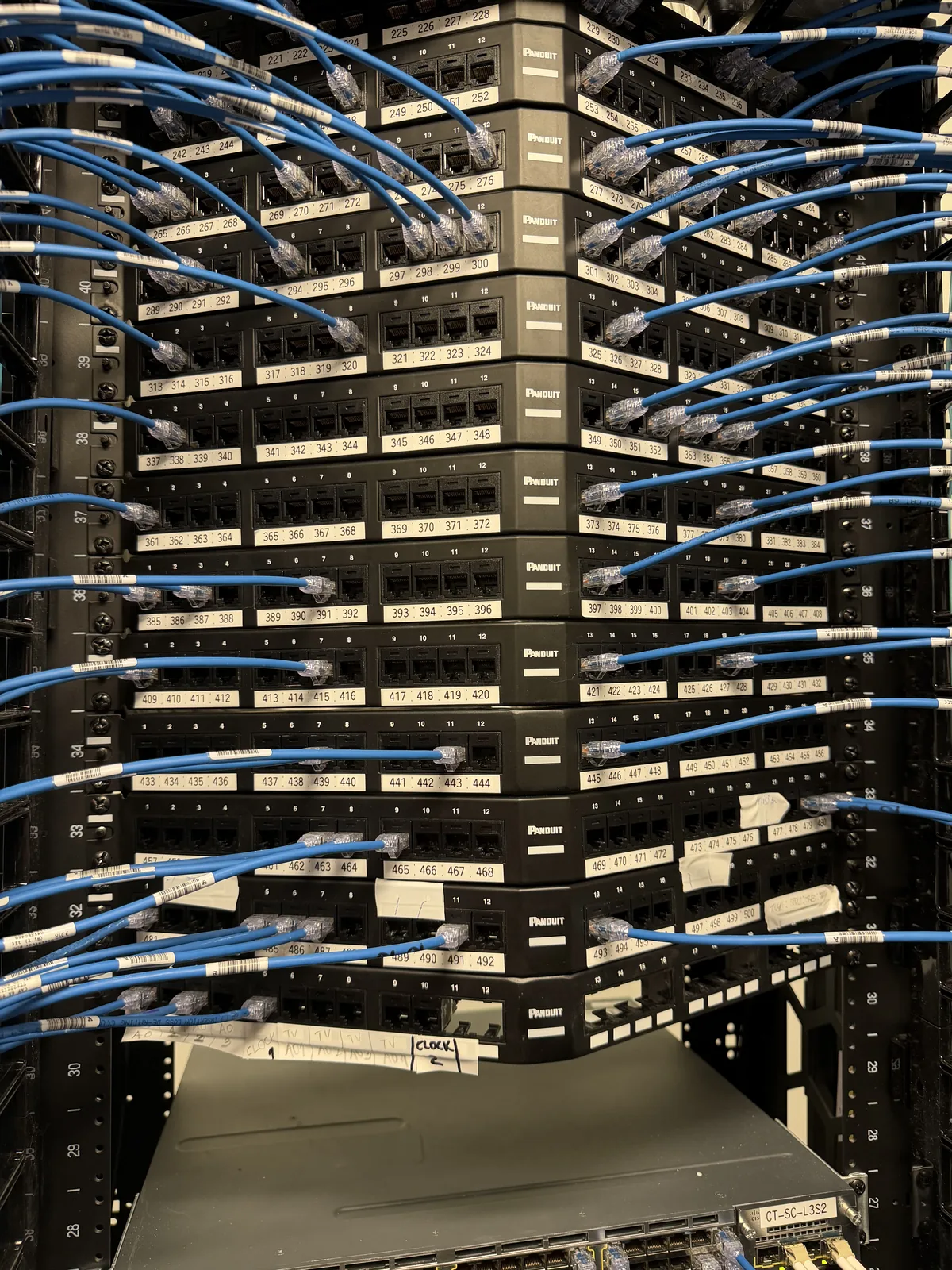 Network rack dressed with blue patch cables